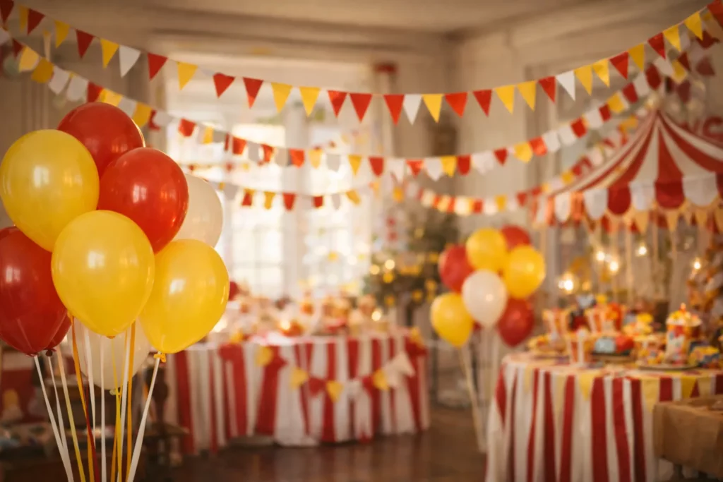Décoration cirque&nbsp;: ballons rouges et jaunes, fanions, rayures