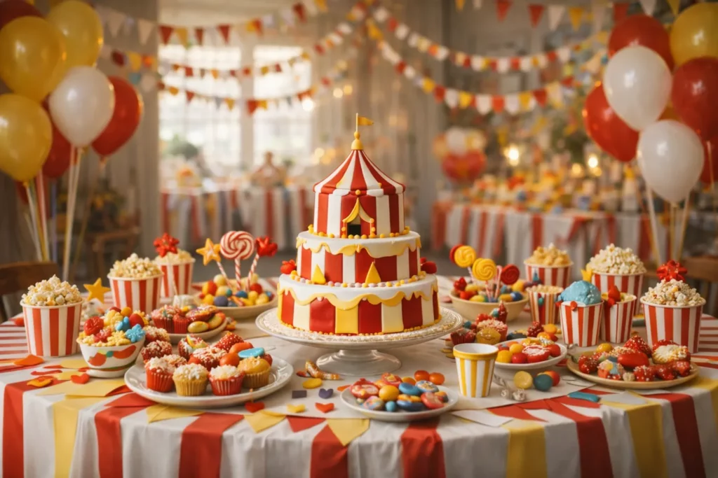 Table de goûter anniversaire cirque avec gâteau et friandises